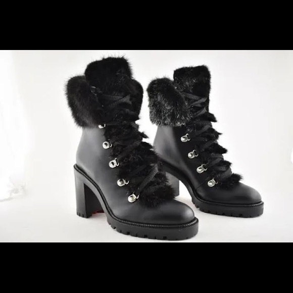 Christian Louboutin Shoes - ISO Christian Louboutin Fanny 70 Black Calf Leather Fur Heel Combat Boots.8-8.5
